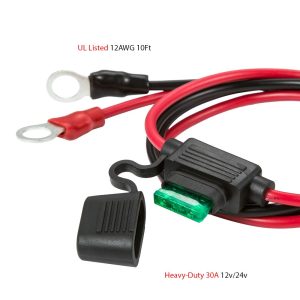 3/8" Ring Eyelet Terminal Battery Boost Cable Heavy-Duty 30A Fuse 12V/24V 12AWG Cord 10Ft