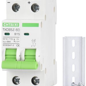 12V-110V DC Miniature Circuit Breaker, 15 Amp 2 Pole Battery Breaker Protector for Solar PV System and RV, Thermal Magnetic Trip, DIN Rail Mount, Chtaixi DC Disconnect Switch B15