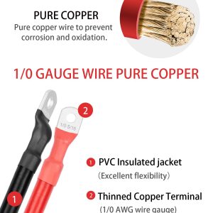 BESTEK 1/0 AWG Gauge Red and Black Battery Cables 5/16" in Lugs, 12 inch Pure Copper Power Inverter Cables for Solar, RV, Car, Boat, (Positive and Negetive)