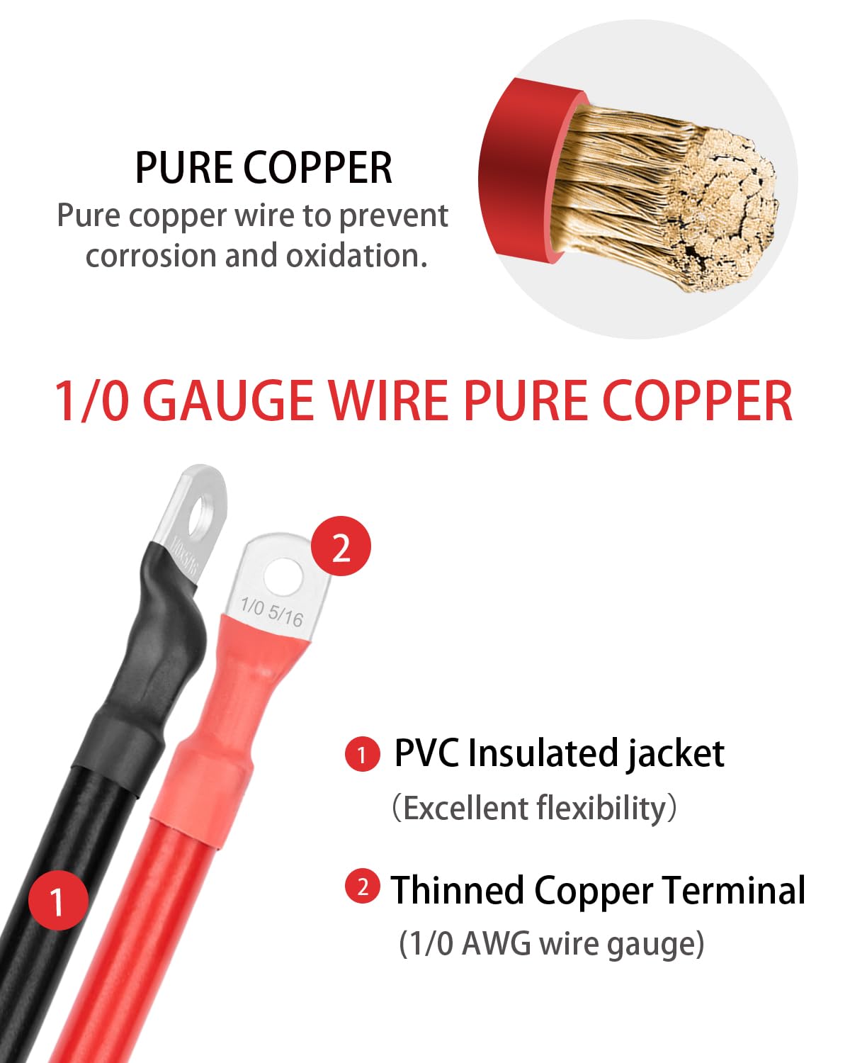BESTEK 1/0 AWG Gauge Red and Black Battery Cables 5/16" in Lugs, 12 inch Pure Copper Power Inverter Cables for Solar, RV, Car, Boat, (Positive and Negetive) - Image 5