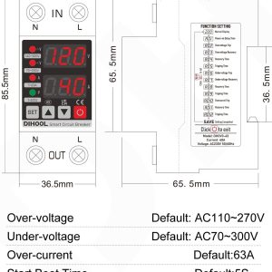 DIHOOL Adjustable Voltage Protector 110V 220V, Low/High Voltage Cutoff and Overcurrent Protection, 70-200V Undervoltage, 140-300V Overvoltage, 1-63A Smart Circuit Breaker AC Disconnect, DIN Rail Mount