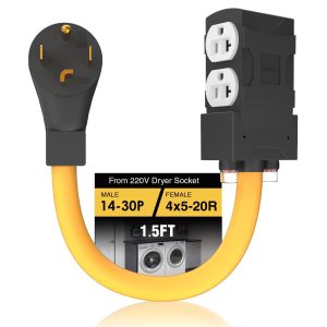 [240V to 120V] 30 Amp to 20 Amp 110 Adapter with Circuit Breaker Dryer Adapter Cord Distribution NEMA 14-30 Adapter to 4X 5-15R/5-20R T-Blade Multiple Use ETL Listed 1.5 FT Household Outlet