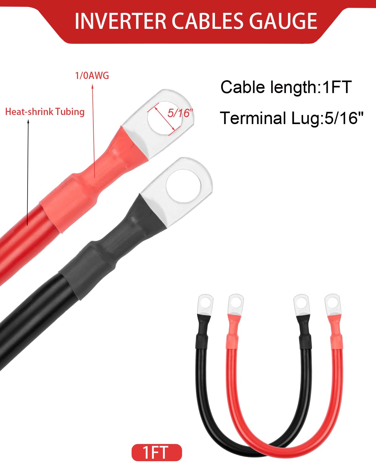 BESTEK 1/0 AWG Gauge Red and Black Battery Cables 5/16" in Lugs, 12 inch Pure Copper Power Inverter Cables for Solar, RV, Car, Boat, (Positive and Negetive) - Image 4