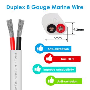 Kimbluth 8 Gauge Duplex Marine Wire Tinned Copper Boat Cable, 10ft 8 AWG Standard USA OFC Oxygen Free Copper Wire for Automotive Boat Speakers Solar Outdoors