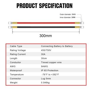 ECO-WORTHY 9AWG Battery Cable with 13/64'' Lug Terminals 12inch Cables Set Tinned Copper Battery Inverter Cable for Car, Truck, RV, Solar