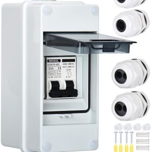 DIHOOL Solar Panel Disconnect Switch with IP65 Din Box, 30 Amp Dual Pole 12V-400V, Non Polarized AC DC Miniature Circuit Breaker, PV Array Shut Off Isolator