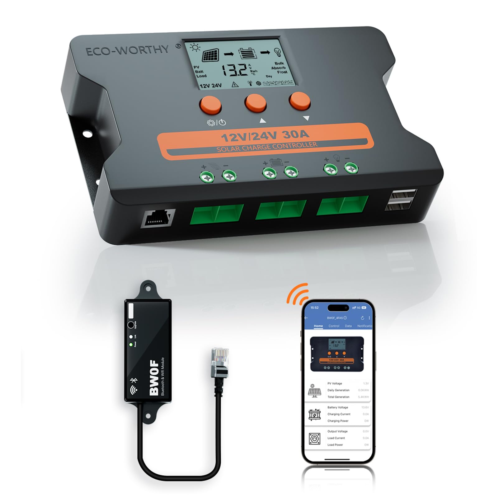 ECO-WORTHY Solar Charge Controller 30A with Bluetooth,WiFi, APP Remote Connection, Solar Panel Custom Battery Regulator, Dual USB Port Auto 12V/24V PWM for FLD/LiFePO4/SLD/GEL RV Solar System