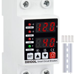 DIHOOL Adjustable Voltage Protector 110V 220V, Low/High Voltage Cutoff and Overcurrent Protection, 70-200V Undervoltage, 140-300V Overvoltage, 1-63A Smart Circuit Breaker AC Disconnect, DIN Rail Mount