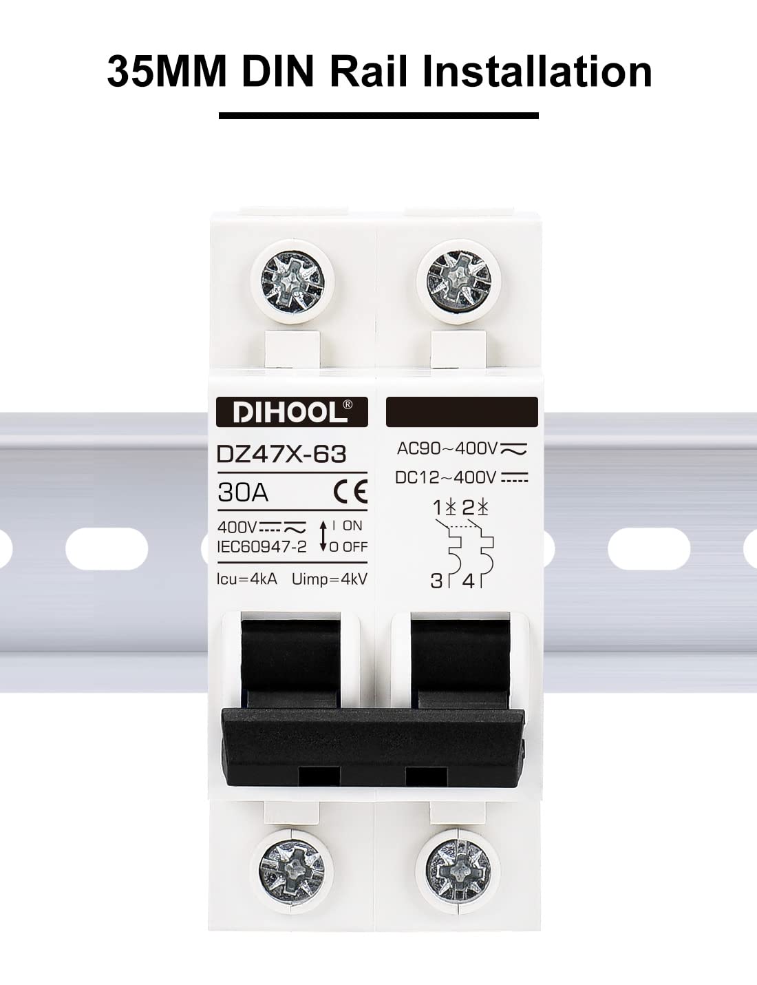 DIHOOL Solar Disconnect Switch, 30 Amp 2 Pole, DIN Rail Mount, Non Polarized, 12V 24V 48V 400V, AC/DC Circuit Breaker, RV Battery Isolator, PV Array MCB, Thermal Magnetic Trip - Image 3