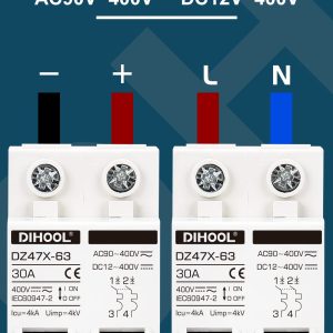 DIHOOL Solar Disconnect Switch, 30 Amp 2 Pole, DIN Rail Mount, Non Polarized, 12V 24V 48V 400V, AC/DC Circuit Breaker, RV Battery Isolator, PV Array MCB, Thermal Magnetic Trip
