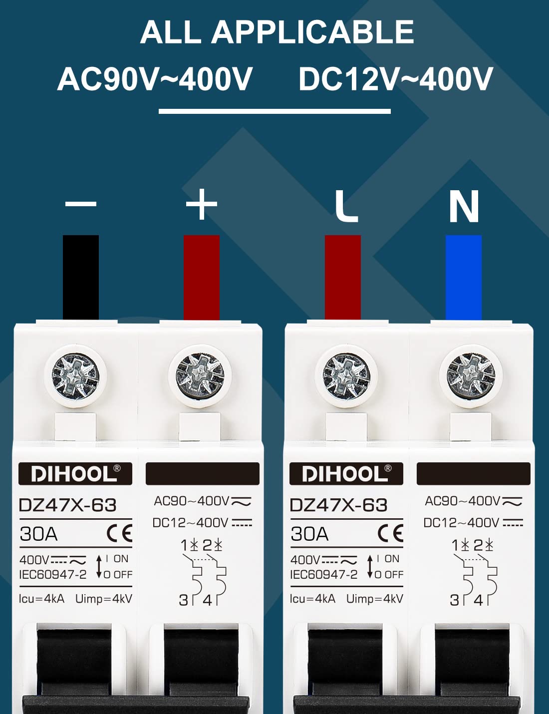 DIHOOL Solar Disconnect Switch, 30 Amp 2 Pole, DIN Rail Mount, Non Polarized, 12V 24V 48V 400V, AC/DC Circuit Breaker, RV Battery Isolator, PV Array MCB, Thermal Magnetic Trip - Image 5