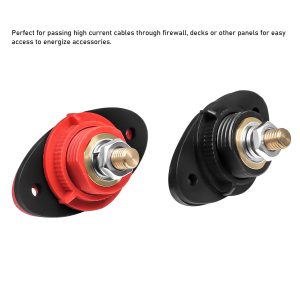 Recoil BTTP-38 Premium High Current 3/8” Feed-Thru Panel Battery Terminal Connectors with Silicone Terminal Covers, Red & Black Pair