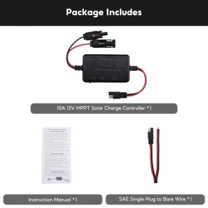OXSUN MPPT Solar Charge Controller, 12V 10A Solar Panel Regulator with USB and Type-C outports Solar Regulator Compatible with Gel AGM LiFePO₄ Battery and SAE to Bare Wire Cable x 1