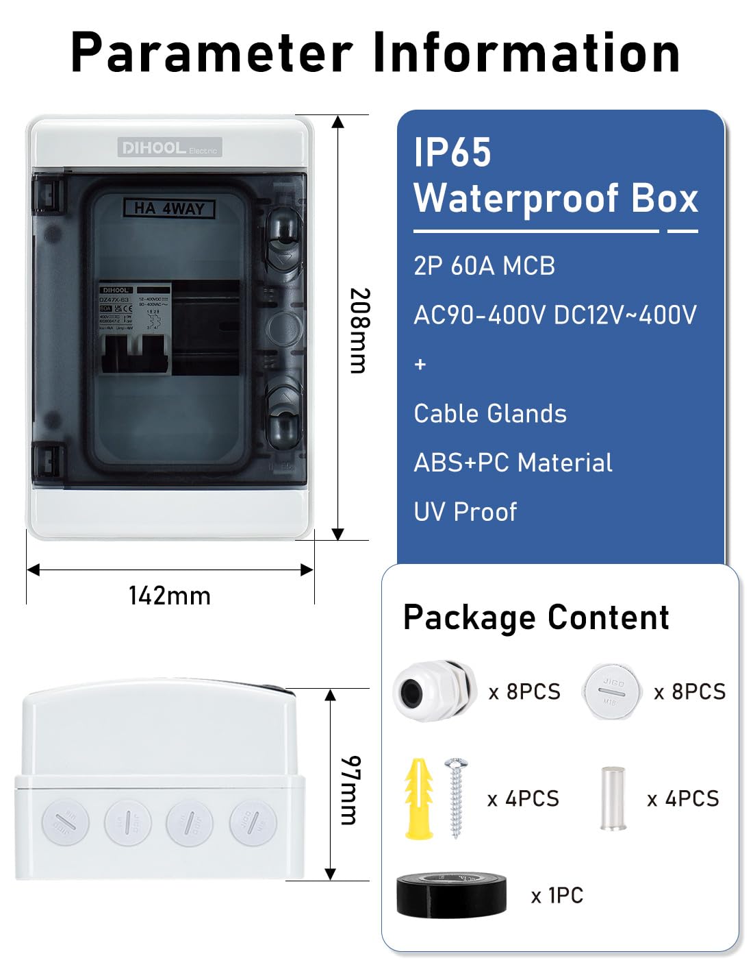 DIHOOL 60 Amp DC Circuit Breaker Box, PV Solar Disconnect Switch with Small Breaker Box - Image 4