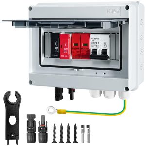 600V Solar DC PV Combiner Box, 1 String with Lightning Arrester Connector for On/Off Grid Solar Panel System, 1 Input 1 Out 15A Fuse, 63A Circuit Breaker, Waterproof ABS Enclosure