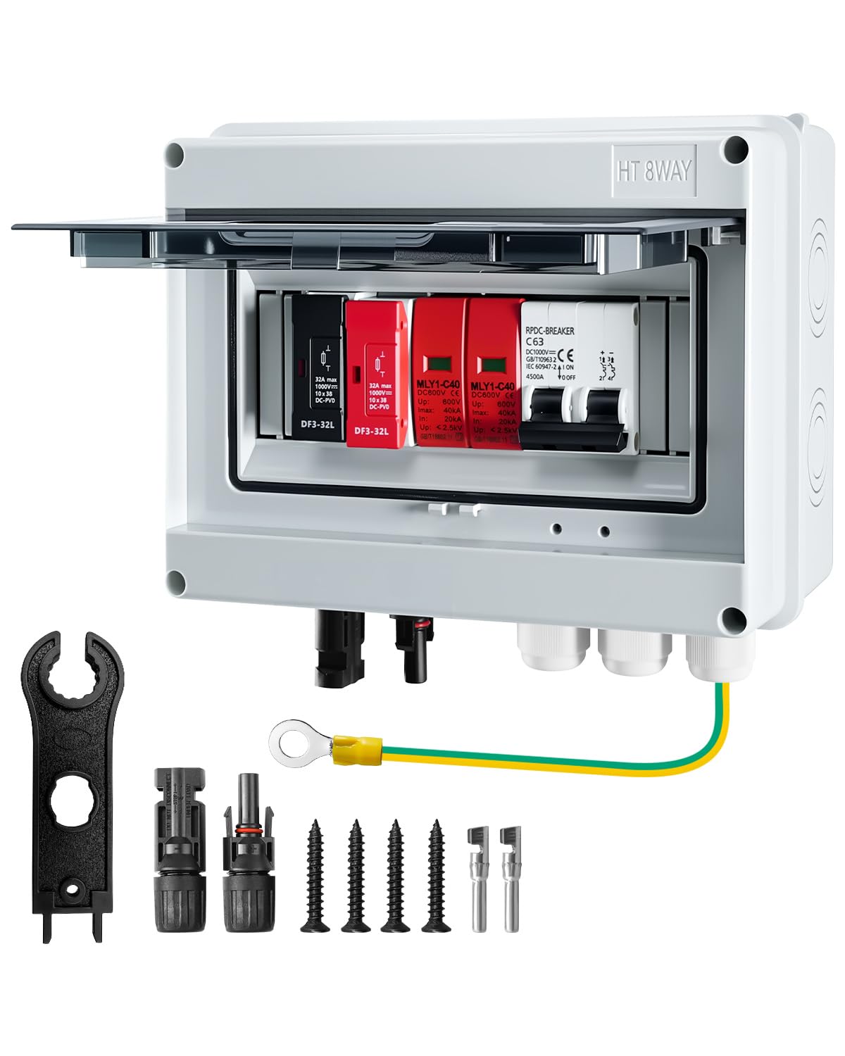 600V Solar DC PV Combiner Box, 1 String with Lightning Arrester Connector for On/Off Grid Solar Panel System, 1 Input 1 Out 15A Fuse, 63A Circuit Breaker, Waterproof ABS Enclosure