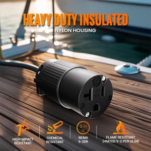 Journeyman-Pro 520CV 20 Amp 120-125 Volt, NEMA 5-20R, 2Pole 3Wire, Straight Blade, Female Plug Replacement Cord Connector Outlet, Commercial Grade PVC (Black 1-Pack)