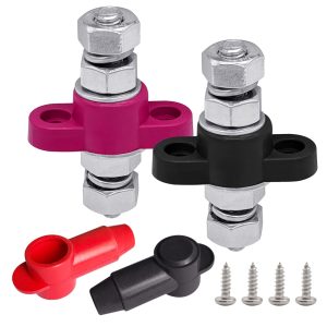 3/8" Stud Remote Battery Terminals 12V 250A, Ampper M10 Single Stud Battery Junction Post Thru Panel Remote Terminal Jumper Post Feed Through W/Cover (1 Pair)