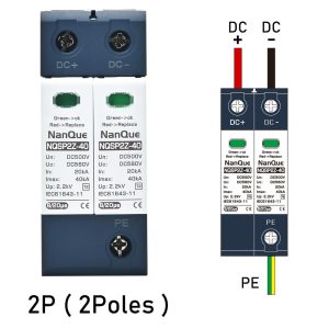 DC SPD Surge Protector for 100V-1000V PV Systems, 2-Pole 40kA T2 Level, Replaceable Module, Solar Panel Lightning Protection, Overvoltage Protection (250V)