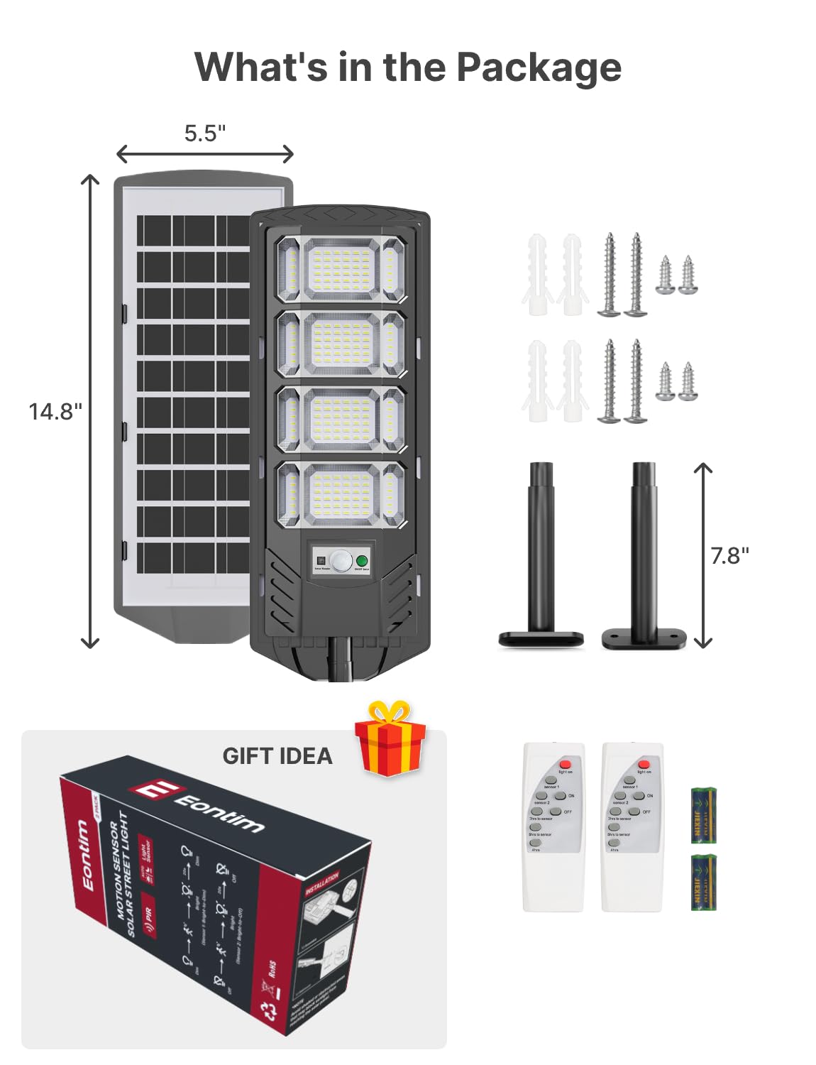 Eontim Solar Street Lights Outdoor, Wide-Angle LED Flood Light with Motion Sensor, Dusk-to-Dawn, Waterproof, Solar Powered Security Light for Yard, Driveway, Garage, Barn (4 Pack) - Image 2