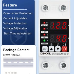 DIHOOL Adjustable Voltage Protector 110V 220V, Low/High Voltage Cutoff and Overcurrent Protection, 70-200V Undervoltage, 140-300V Overvoltage, 1-63A Smart Circuit Breaker AC Disconnect, DIN Rail Mount