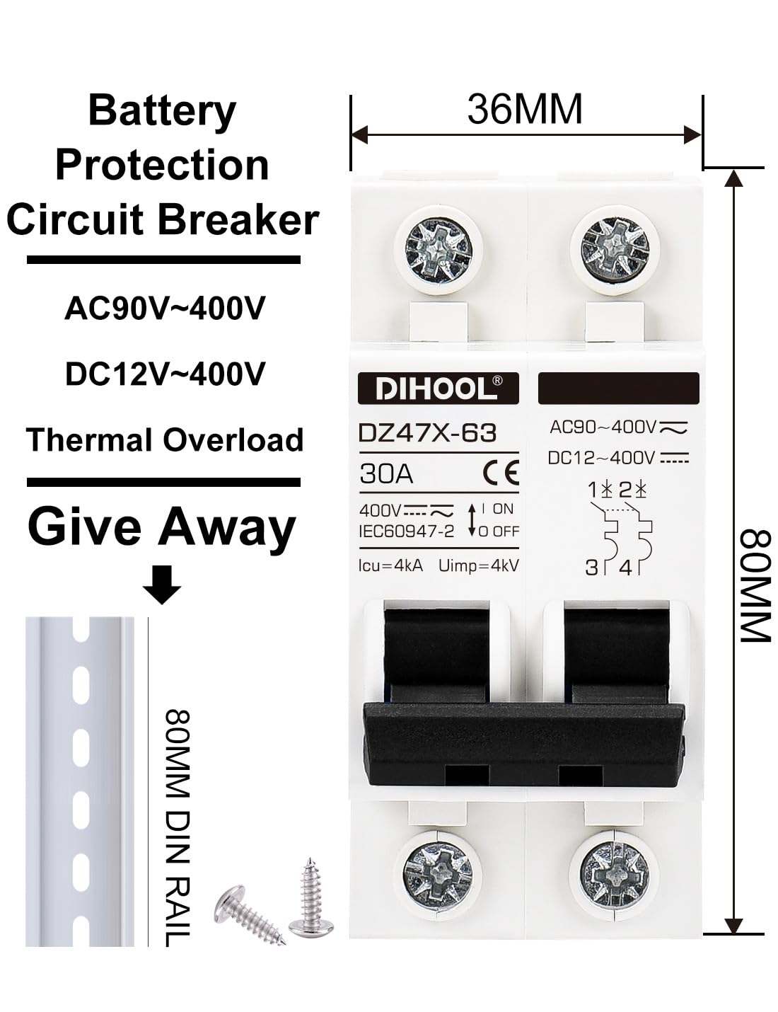 DIHOOL Solar Disconnect Switch, 30 Amp 2 Pole, DIN Rail Mount, Non Polarized, 12V 24V 48V 400V, AC/DC Circuit Breaker, RV Battery Isolator, PV Array MCB, Thermal Magnetic Trip - Image 6
