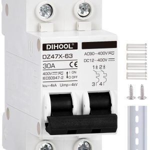 DIHOOL Solar Disconnect Switch, 30 Amp 2 Pole, DIN Rail Mount, Non Polarized, 12V 24V 48V 400V, AC/DC Circuit Breaker, RV Battery Isolator, PV Array MCB, Thermal Magnetic Trip