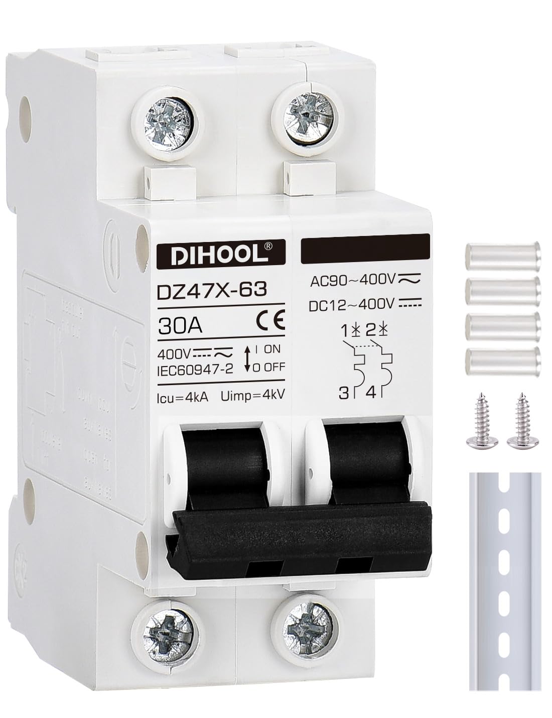 DIHOOL Solar Disconnect Switch, 30 Amp 2 Pole, DIN Rail Mount, Non Polarized, 12V 24V 48V 400V, AC/DC Circuit Breaker, RV Battery Isolator, PV Array MCB, Thermal Magnetic Trip