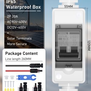 DIHOOL DC Circuit Breaker, Non Polarized, 20 Amp, 2 Pole, 12V - 400V, AC DC Disconnect Switch Box Outdoor, Battery Cutoff Isolator, PV Array MCB