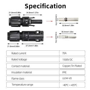 8AWG Solar Panel Connectors IP68 Waterproof 1500V 70A Solid Tinned Copper Terminal Black 5 Pairs for Solar PV Cable(10mm²)