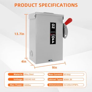 2P 60Amp Fusible Disconnect Switch, 120V/240V Heavy Duty Safety Switch, NEMA 3R Rated, for Outdoor/Indoor Use