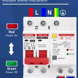 DIHOOL Ground Fault Circuit Breaker with Voltage Surge Arrester Protection, 63 Amp, 2 Poles, AC 120V-240V, DIN Rail Mount Residual Current Circuit Breaker