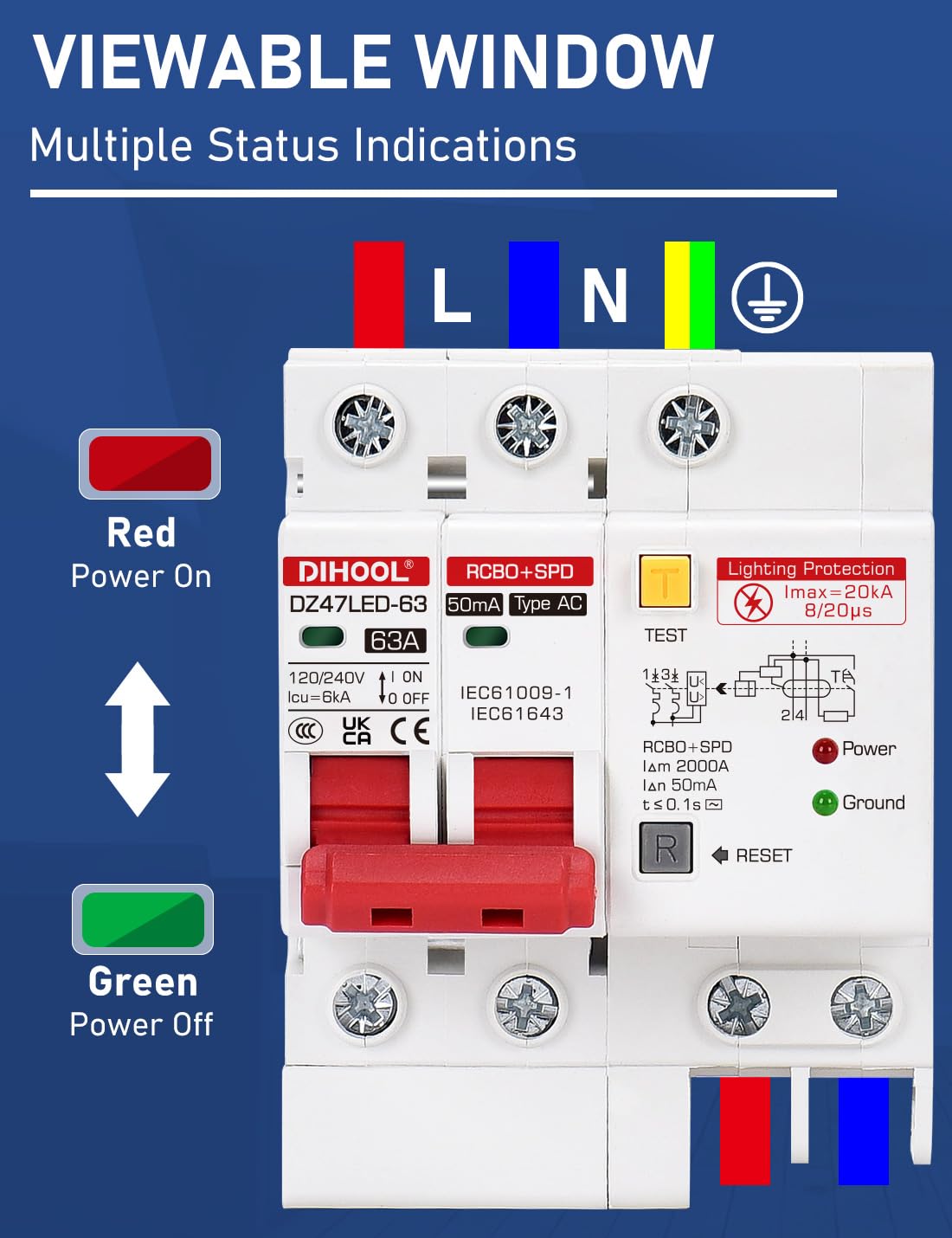 DIHOOL Ground Fault Circuit Breaker with Voltage Surge Arrester Protection, 63 Amp, 2 Poles, AC 120V-240V, DIN Rail Mount Residual Current Circuit Breaker - Image 4