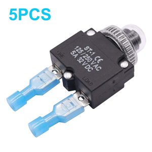 mxuteuk 5Pcs 5Amp Circuit Breakers Push Button Manual Reset 125/250V AC 32V DC,Overload Protector Switch Thermal Circuit Breakers with Quick Connect Terminals and Waterproof Button Caps ST1-5-5A