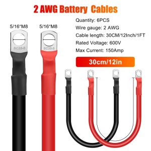 Linkstyle 6PCS 2 AWG 12Inch Battery Cables, 30CM 2 Gauge Pure Copper Power Inverter Wire with 5/16" Lugs Terminals, for Car Solar RV Golf Cart Marine (1FT)