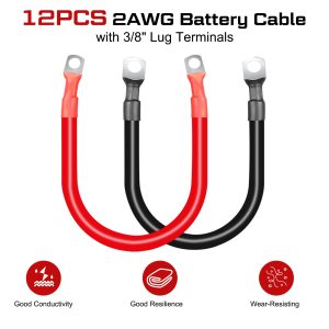12Pcs 2AWG Battery Cable with 3/8'' M10 Lug Terminals 6-inch Cables Set Tinned Copper Power Inverter Wire Set for Solar, RV, Car, Motorcycle (6 Red +6 Black Cable)