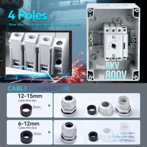 20Amp AC Disconnect Switch 4-Pole AC 800V IP66 Waterproof Isolation PV On Off Rotary Switch Ac Disconnect Box Outdoor Breaker Power Off ﻿