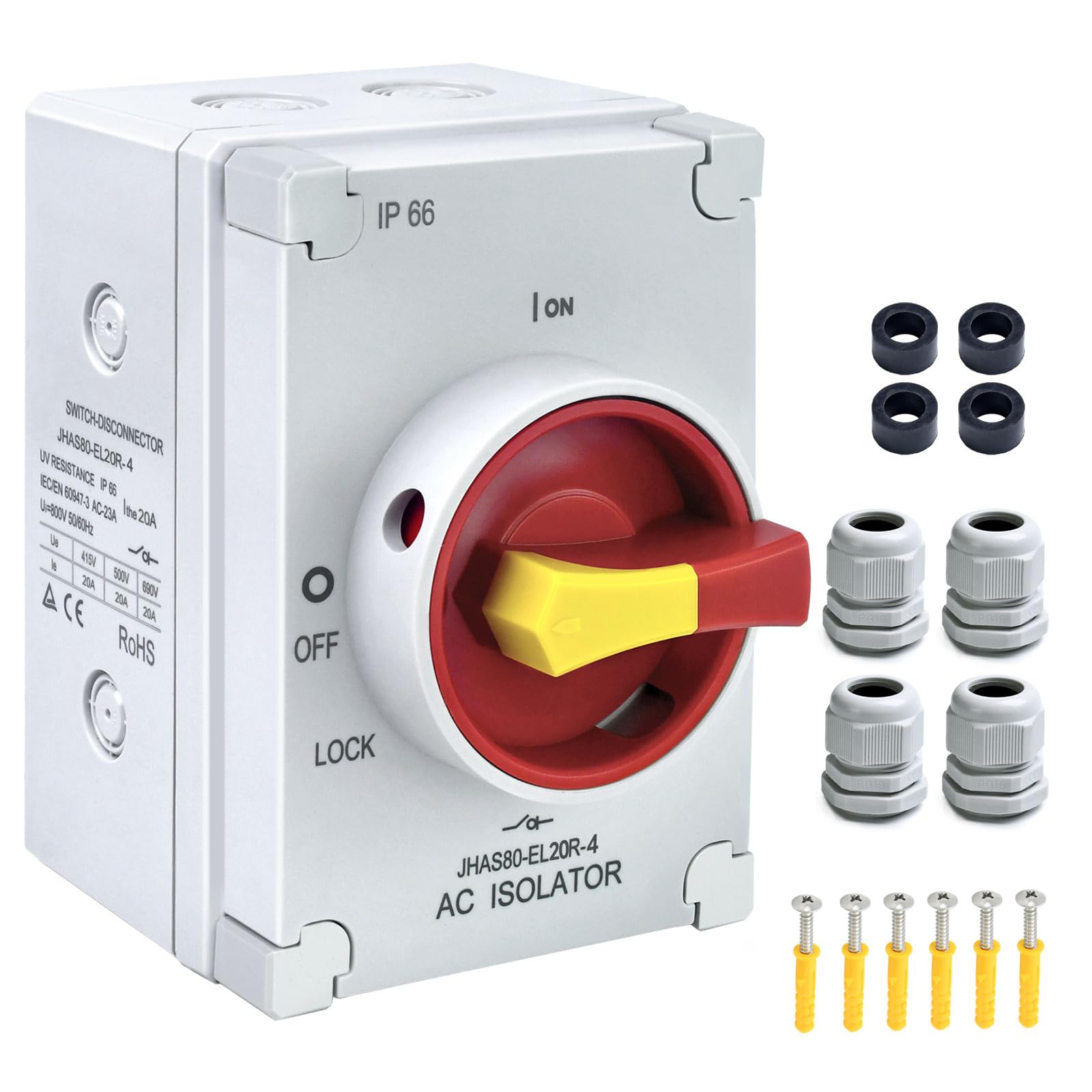 20Amp AC Disconnect Switch 4-Pole AC 800V IP66 Waterproof Isolation PV On Off Rotary Switch Ac Disconnect Box Outdoor Breaker Power Off 