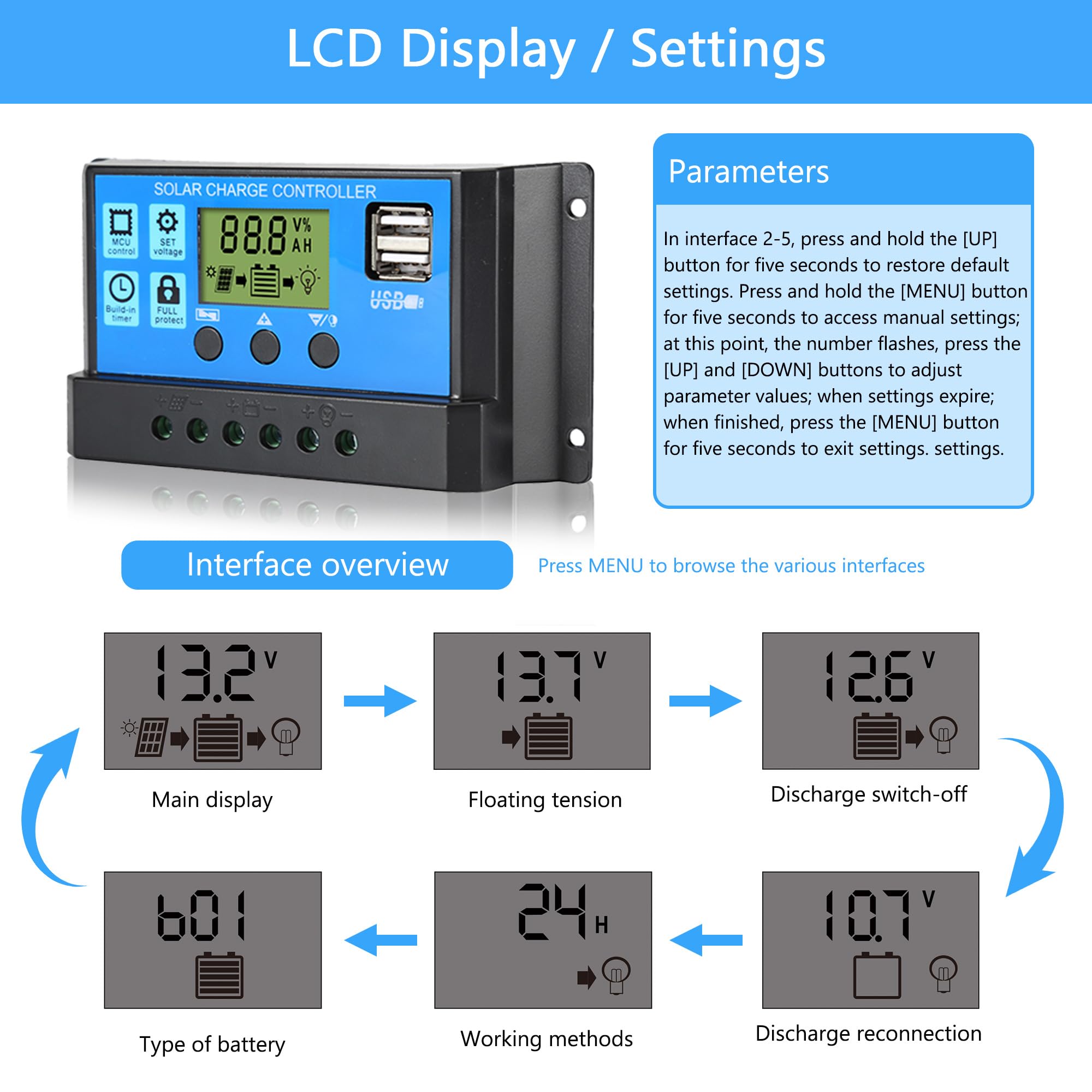 Anern 30A PWM Solar Charge Controller 12V/24V with LCD Display, Dual USB Solar Panel Battery Intelligent Regulator, Auto Parameter Adjustable, Timer Setting, Multiple Load Control Modes - Image 4