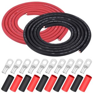 iGreely 4 AWG Gauge Wire Welding Battery Pure Copper Ultra Flexible Cable,10 Feet Black + 10 Feet Red Oxygen Free Copper OFC Welding Cable and Lugs Terminal Connectors with Heat Shrink Tubing