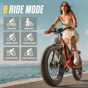 PUJH 5000W Dual Motors Adults Electric Bike, 60V 20Ah 26" Fat Tire Fast Ebike, Max 45 mph up to 100 Miles Full Suspension Hydraulic Disc Brake Class 3 Ebike Off Road Mountain Hunting for Men (Red)