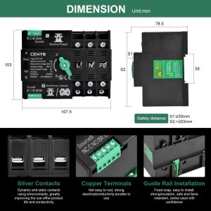 CENYB Automatic/Manual Transfer Switch for Home Generator 3P 100A AC110V Uninterrupted Power Supply DIN Rail Mount Toggle Changeover Module