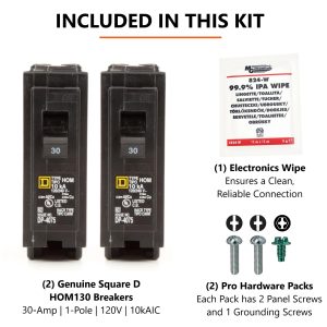 FalconSupply Genuine Square D HOM130 Circuit Breaker Kit Bundle (2 Pack), 30 Amp (30A) Single Pole, 120V, 10kAIC, UL Listed, Plug-On for Homeline Load Centers & Panel Box, New Replacement