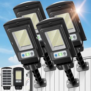 WYWNA Solar Lights Outdoor, IP66 Waterproof Motion Sensor Powered Solar Street Light, 6500K Dusk to Dawn LED Flood Light with Remote Control, Commercial Area Lighting for Yard Parking Lot (4 Pack)