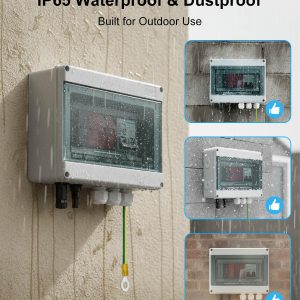600V Solar DC PV Combiner Box, 1 String with Lightning Arrester Connector for On/Off Grid Solar Panel System, 1 Input 1 Out 15A Fuse, 63A Circuit Breaker, Waterproof ABS Enclosure