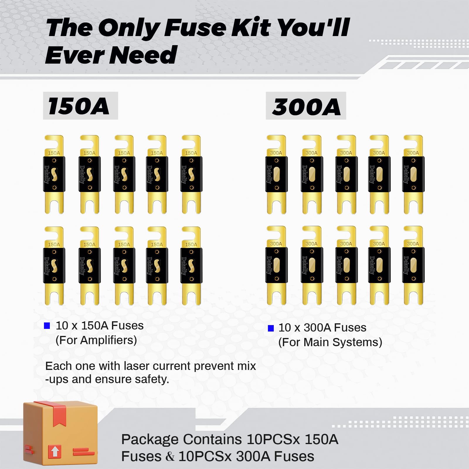 Dekeliy ANL Fuse Kit with 10Pcs 150 Amp Fuses & 10Pcs 300 Amp Fuses,Inline Blade Fuse with Gold-Plated Terminals for Car Audio,Solar System, Boat,Truck,RV,Car Fuse with12V/24V Circuit Protection - Image 6