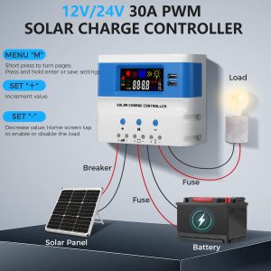 VIXKPIRR 30A PWM Solar Charge Controller 12V/24V Auto, PWM Charge Controllers 30A for Solar Panels with LCD Display Dual USB Port, 12V/24V Solar Regulator Controller for Gel/SLD/FLD/LI Battery