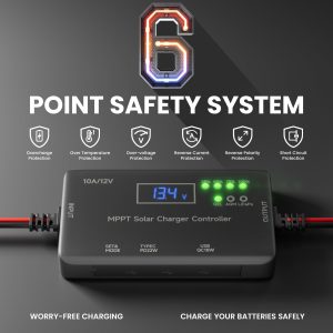 MPPT Solar Charge Controller 12V 10A, Solar Panel Charge Controller with Type-C and USB Output for Solar Panel and Gel, AGM, LiFePO₄ Battery