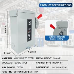2P 30Amp 110/240V 2 Wire Fusible Heavy Duty Safety Switches，Ac Disconnect Switches Box，Quick Disconnect Safety Switch，Equipped with fuses