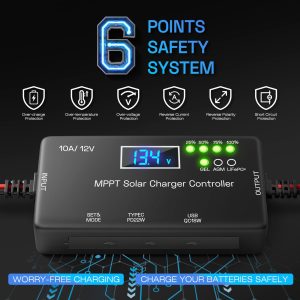 MPPT Solar Charge Controller 12V 10A, Intelligent Solar Panel Regulator with USB and Type-C Charging Ports Compatible with Gel AGM Lithium LiFePO₄ Battery for RVs Boat Car